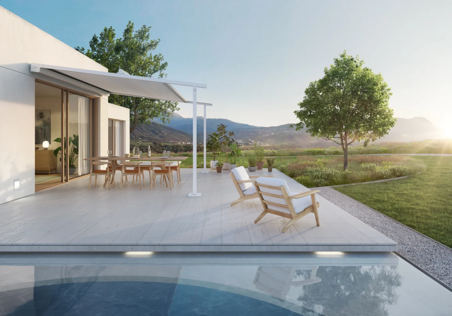 Moderne Terrasse mit Blick auf die Landschaft und Sonnenaufgang