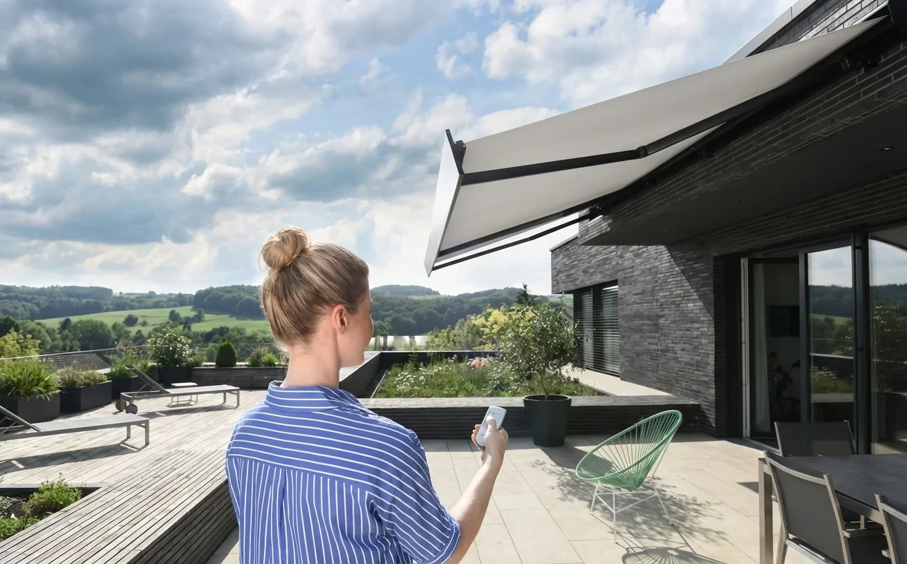 Frau auf einer modernen Terrasse mit Fernbedienung in der Hand mit der eine Markise ausgefahren wird
