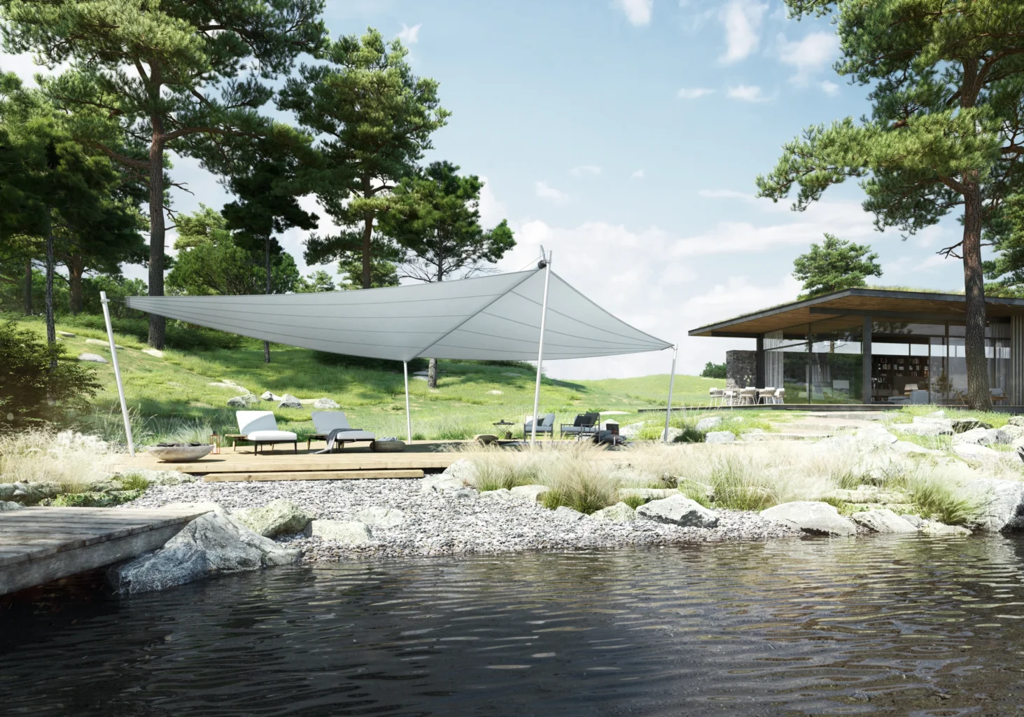 Moderner Garten mit Sonnensegel und Holzterrasse am Wasser