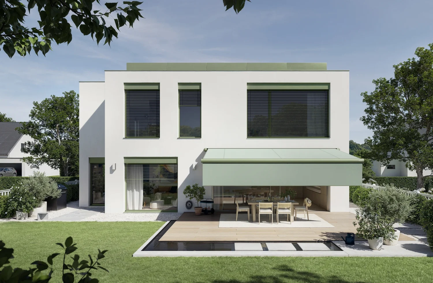 Moderne Terrasse mit Sonnenschutz und Sitzgelegenheiten