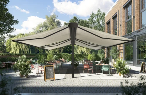 Moderne Terrassenüberdachung in einem sonnigen Außenbereich mit stilvollen Möbeln