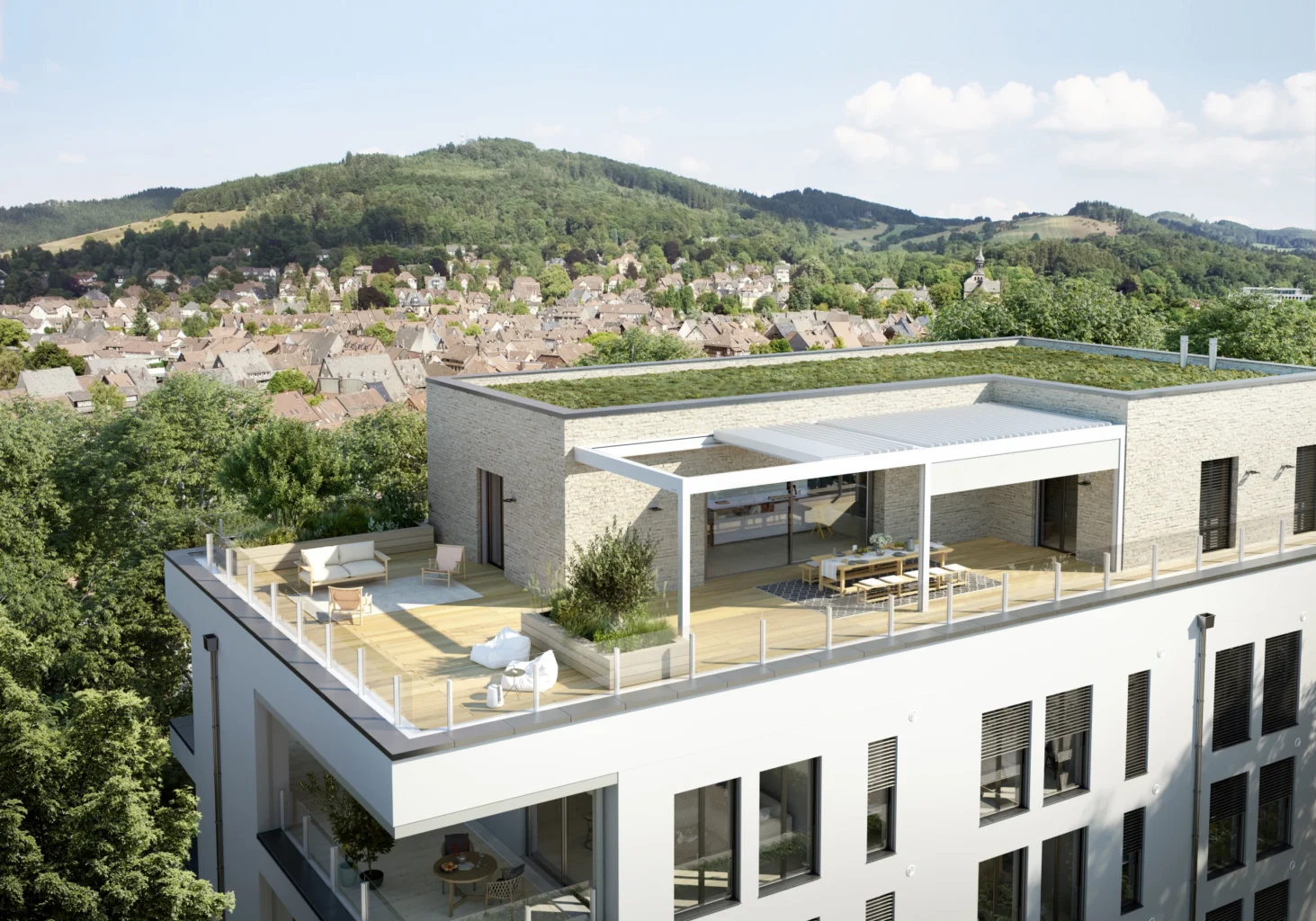 Moderne Penthouse-Wohnung mit Dachterrasse und Panoramablick auf eine malerische Landschaft