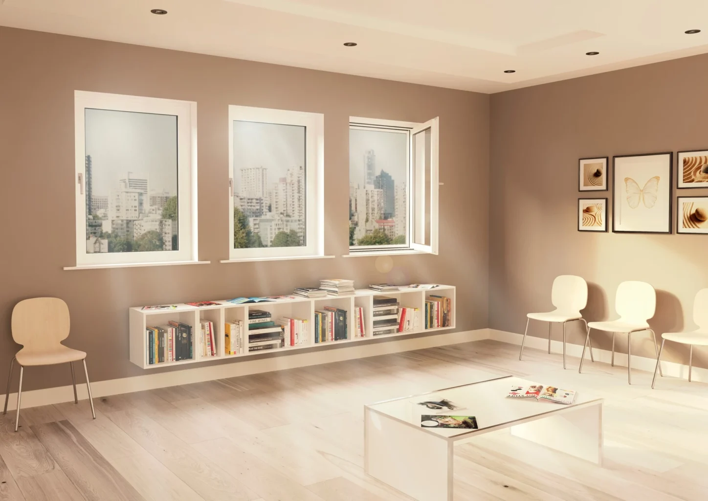 Modernes Wohnzimmer mit großen Fenstern und stilvoller Einrichtung
