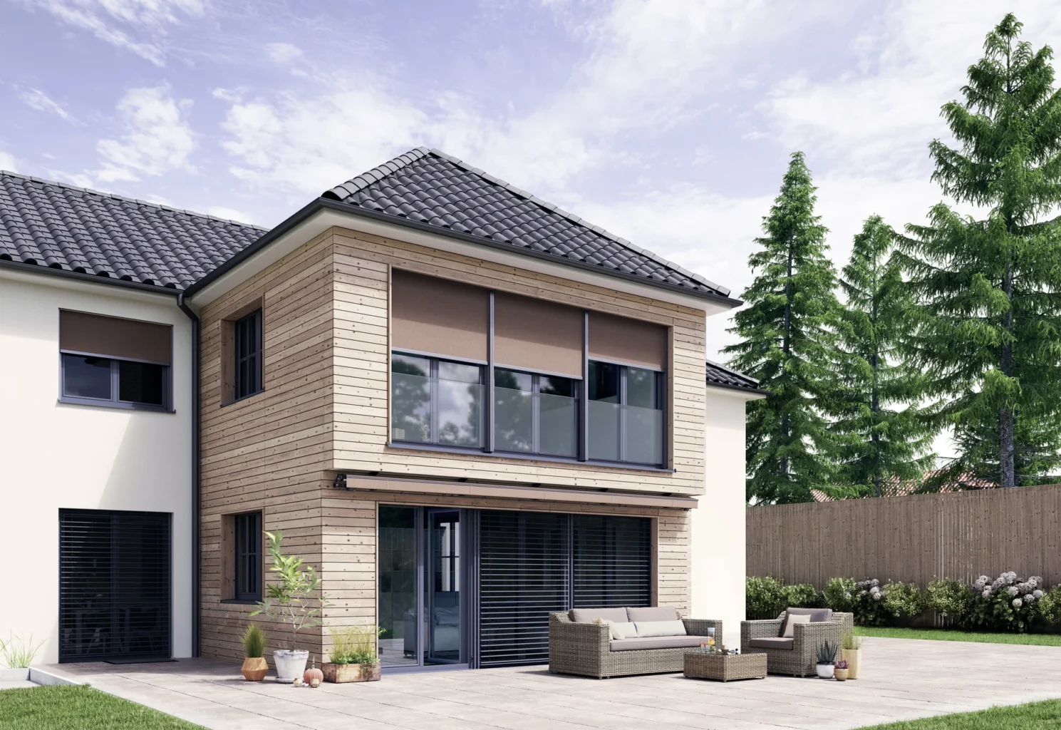 Modernes zweistöckiges Haus mit Holzelementen und großen Fenstern