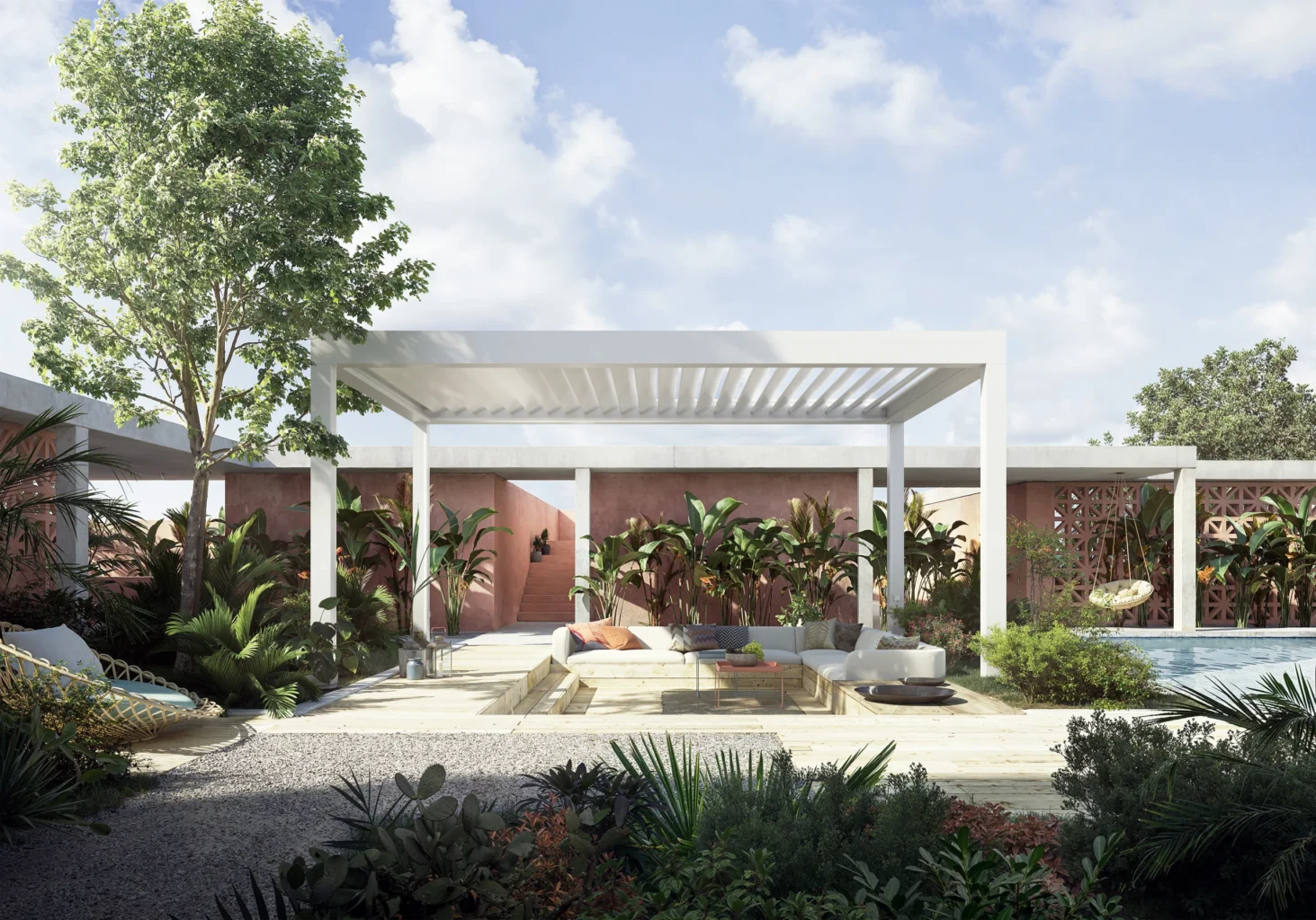 Moderne Gartenlandschaft mit Lounge-Bereich und Pergola