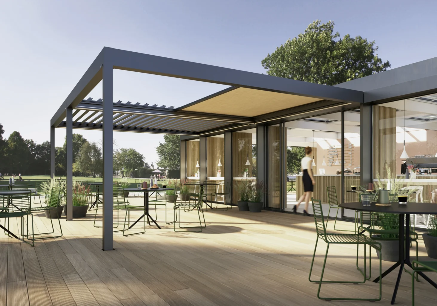 Moderne Terrasse mit Pergola und stilvollen Gartenmöbeln